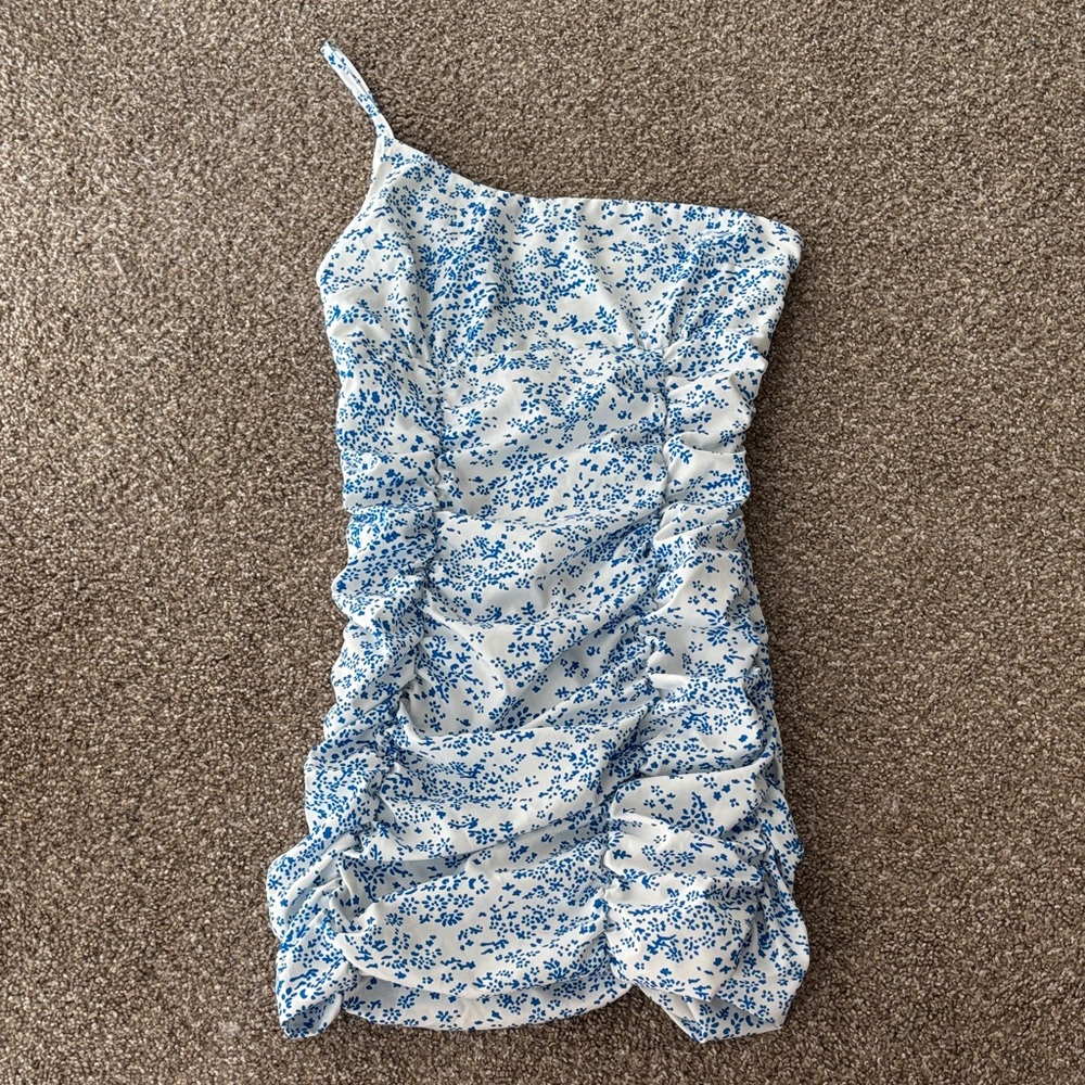 One Shoulder Blue Floral Dress
